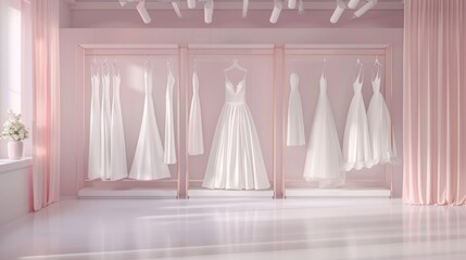 White wedding dresses hanging on racks in a pink bridal shop