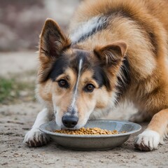 A dog eats food outside from a bowl