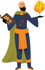 Fantasy male character wearing wizard robe and holding magic book is conjuring fireball