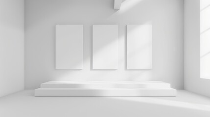 Fototapeta premium White room with empty picture frames and platform