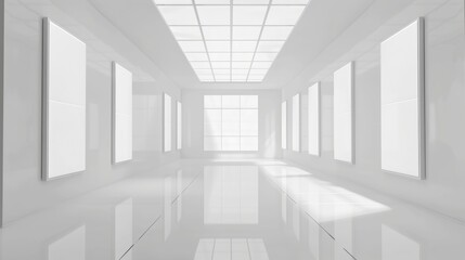 Obraz premium Empty white gallery hallway with large windows and square ceiling lights