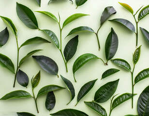 Full frame background fresh young tea leaves. fresh young tea leaves background, close up. Background texture and pattern fresh young tea leaves. flat lay. top of views