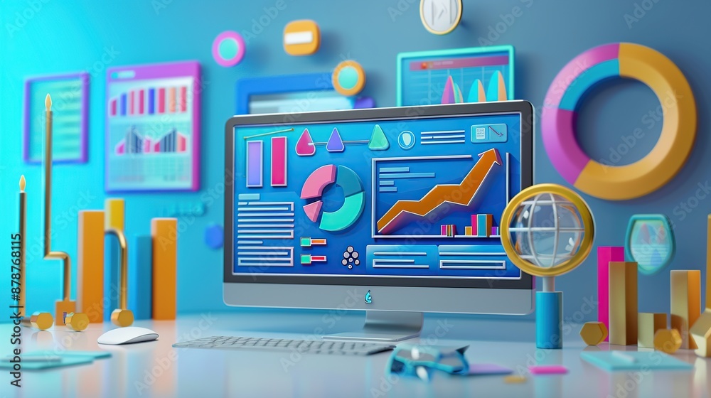 Poster 3D illustration of a computer displaying various graphs and charts in a colorful and creative workspace.
