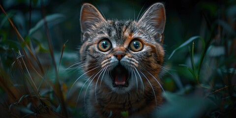 Adorable Tabby Cat with Wide Eyes and Mouth Open in Surprise Standing Amidst Lush Green Foliage in a Scenic Outdoor SettingSurprised cat