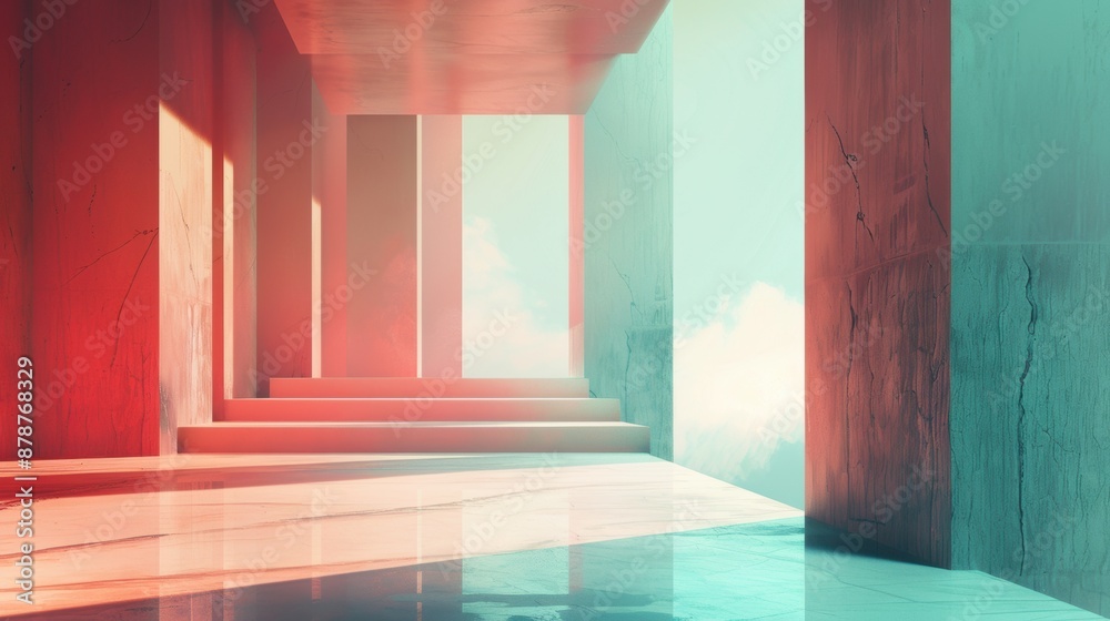 Poster abstract architecture with red and teal walls and a bright sky