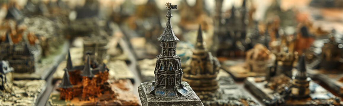 Miniature medieval castle with detailed architecture among other fantasy structures, tabletop gaming concept