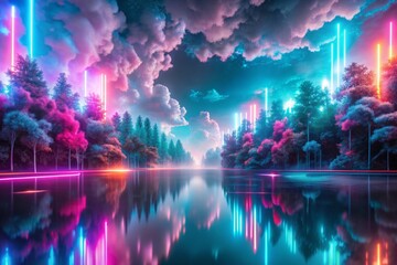Obraz premium Neon-lit forest with glowing trees, a surreal and vibrant wallpaper for a futuristic background,Abstract neon forest with glowing trees, a fantastical wallpaper for a futuristic vibe