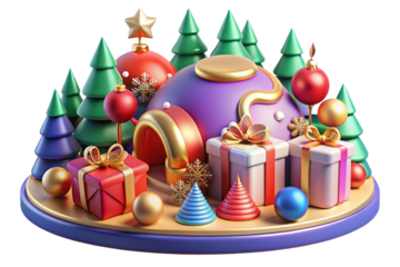 3D cartoon Christmas composition featuring candles, crosses, decor, toys, and geometric shapes in gold, crafted from plastic and plasticine, on a transparent background