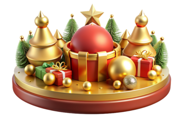 3D cartoon Christmas composition featuring candles, crosses, decor, toys, and geometric shapes in gold, crafted from plastic and plasticine, on a transparent background