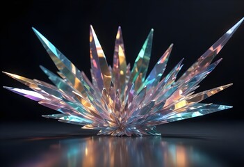 Burst flower like holographic Crystal with colorful light reflections, dark background, painting, multicolor, reflections, shiny, background, abstract, fantasy, beams, diamond, stone, concept