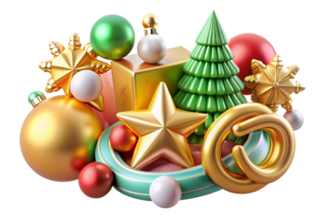 3D cartoon Christmas composition featuring candles, crosses, decor, toys, and geometric shapes in gold, crafted from plastic and plasticine, on a transparent background
