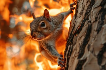 A close-up view of a squirrel climbing in panic down a tree on fire