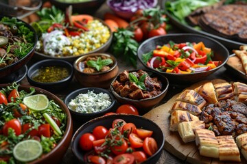 Fototapeta premium A variety of dishes including salads, grilled meats, and bread are arranged on a wooden table, showcasing a delightful spread of food
