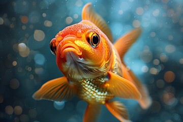 Close-up of a vibrant orange goldfish swimming with a bokeh background in an aquarium.