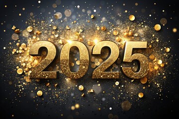 The banner. Happy New Year and Merry Christmas. Gold, shiny 2025 numbers, sequins and a beautiful bokeh on a black background. The flyer. Invitation.