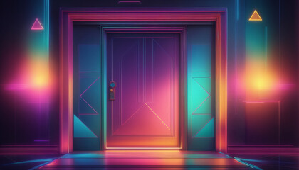 Fototapeta premium Graphic representation of an entrance door or passageway in neon colors in an illustrative style