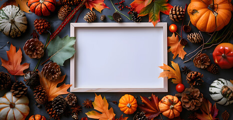 A frame with a white background and a variety of fall foliage including leaves