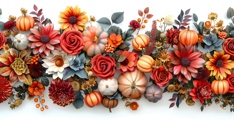 Fototapeta premium A bouquet of flowers and pumpkins arranged in a line