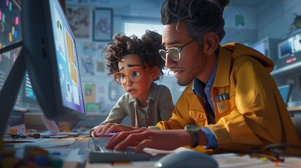 A 3D scene of a teacher and a girl working together and learning the new technical word