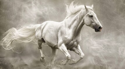 Fototapeta premium White horse running through dust