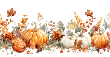 A row of pumpkins and leaves with a white pumpkin in the middle