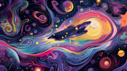 A colorful painting of a galaxy with a spaceship in the middle