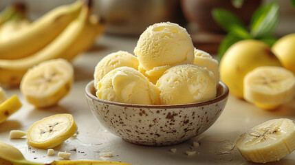 Close up studio photo of banana ice cream scoops in a ceramic bowl on an old beige table with a Sicilian rustic background and copy space.