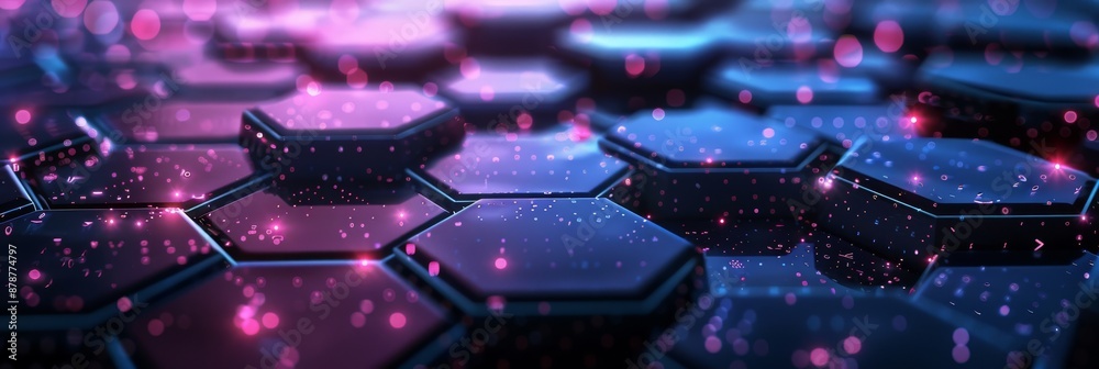 Poster a hightech setting featuring illuminated hexagons and abstract design elements in a futuristic digit