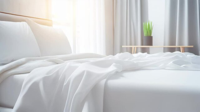 White bedding sheets and pillow background, Messy bed concept