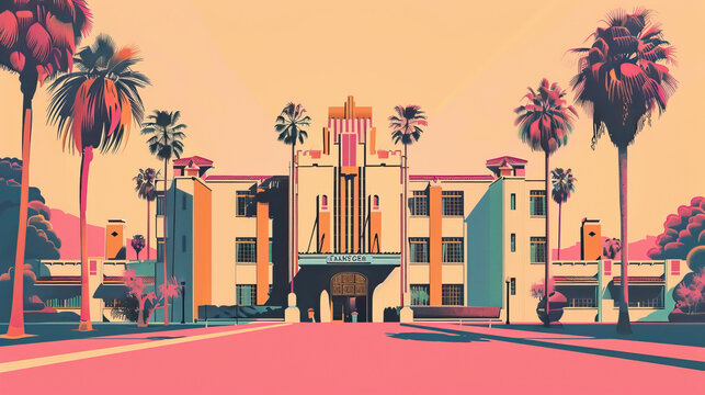 Risograph riso print travel poster, card, wallpaper or banner illustration, modern, isolated, clear and simple of Paramount Studios, Los Angeles, USA. Artistic, screen printing, stencil