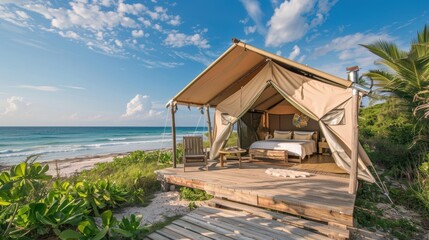 Fototapeta premium Beachfront glamping tent with ocean view on a sunny day