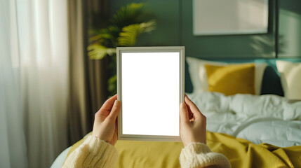 Mockup image of a woman's hands holding a blank photo frame on the bed