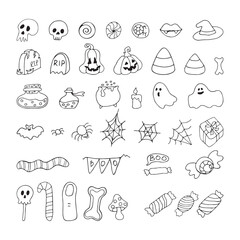 images for Halloween Set of black and white. Pumpkin, Skull, Ghost, Gravestone, Spider, Candy, Broom, Hat, Eye, Potion, Bone, and more. Happy holiday. All objects are separated. Vector illustration.