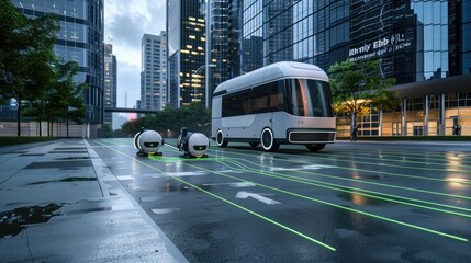 A small, white, self-driving delivery robot travels along a city sidewalk, passing by a delivery van and pedestrians