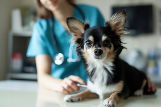 Chihuahua in front of a female veterinarian holding a stethoscope
