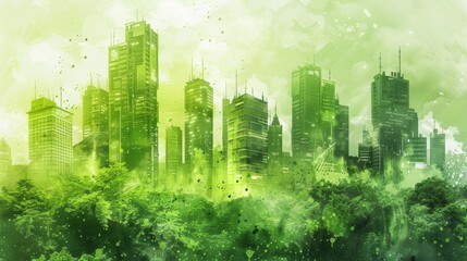 Green city skyline emerging from lush foliage