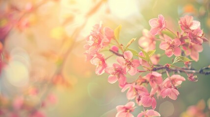 Fototapeta premium Pink flowered cherry branch with blur background in sunny courtyard for designer copy space toned