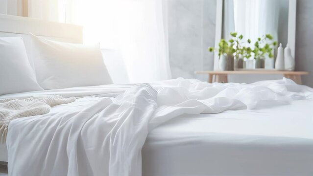 White bedding sheets and pillow background, Messy bed concept