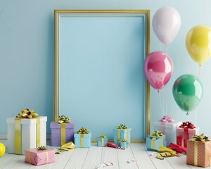 Large photo frame with vibrant balloons and gifts on the floor, light blue background, 3D rendered festive scene.