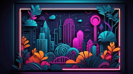 Neon frame style papercut abstract background, attractive purple color, curve, futuristic, poster, purple, horizontal, geometric, frame, origami, copy space, shape, paper, illustration, layered