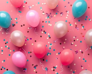 Pink background in a festive style with balloons and confetti scattered for a party, shown from above. Space for text.