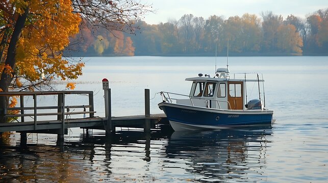 On pewaukee lake a sport fish boat is attached to a pier