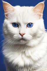 Portrait of an old beautiful white cat on a blue background.