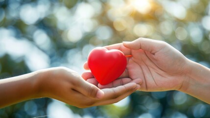 Two hands holding a red heart in a natural setting