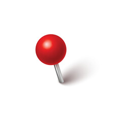 Pin with shadow isolated on white background. Vector 3d red plastic pushpin, sewing needle or board tack for paper notice