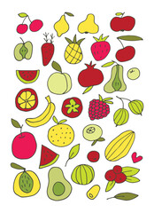delicious juicy fruits set. Images of fruits isolated. Healthy food. Food doodle. Vector illustration.