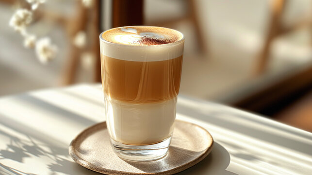 Glass of hot Latte macchiato coffee on the table at cafe . in the morning 