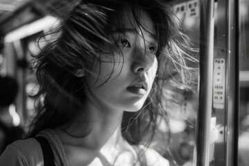 Naklejka premium A young woman with long, dark hair looks out a window. Her hair is blowing in the wind