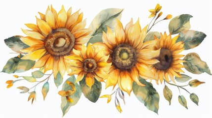 Sunflower watercolor bouquet with hand painted yellow flowers for various cards