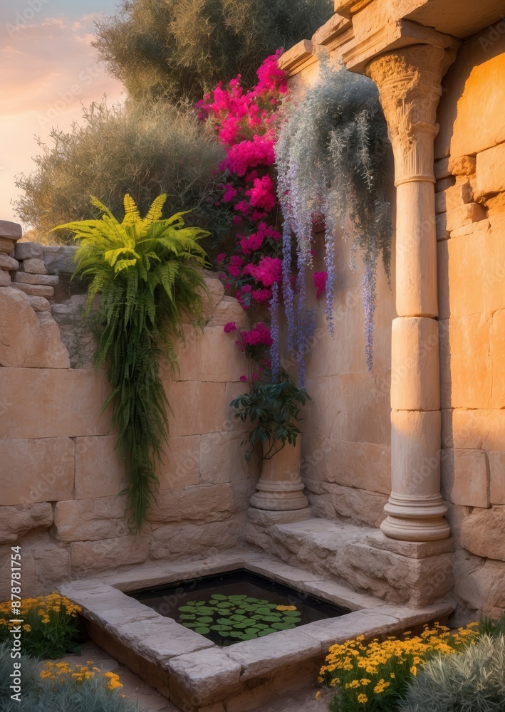 Canvas Prints A small courtyard with a stone pond, flowers, and a pillar at sunset